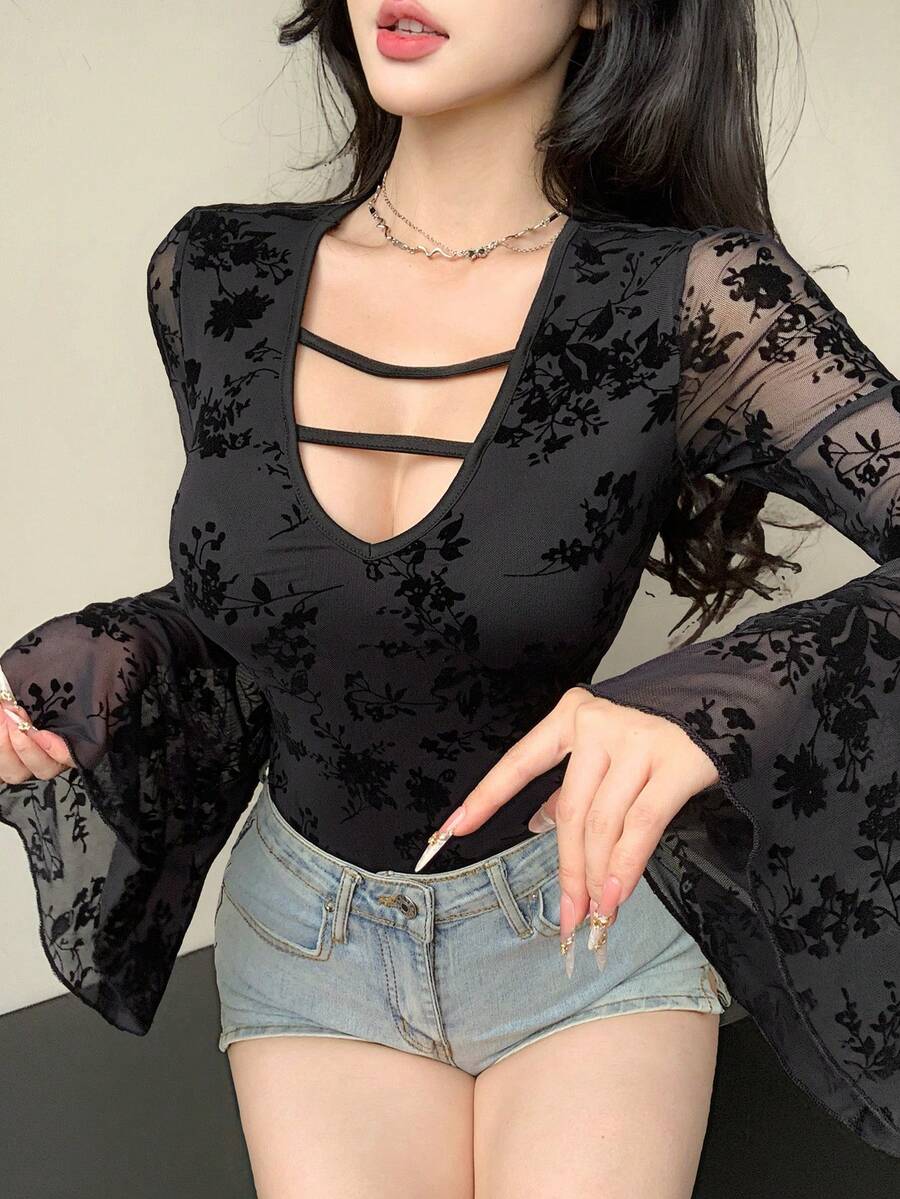 DAZY Women's Floral Flocked Mesh Flare Sleeve Bodysuit - Black - View 1
