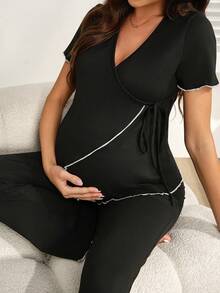 GentleRue Maternity 女士舒适拼接荷叶边系带哺乳两件套 - 黑色 - 查看 5