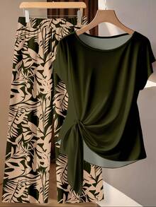SHEIN LUNE Conjunto de 2 piezas de pantalones rectos holgados con lazo de rama y hoja de árbol color caqui, adecuado para primavera/verano, uso casual - Multicolor - Ver 3
