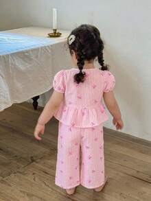 LMoss Kids 2pcs Baby Girl Woven Striped Petal Sleeve Casual Shirt And Loose Fit Pants Set - Multicolor - View 2