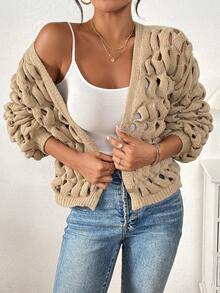 Chiquease 时尚休闲小众3D立体纹理秋冬粗针织镂空开衫毛衣（女款） - 卡其色 - 查看 7