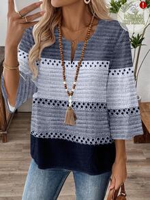 EMERY ROSE 大码女式撞色V领休闲百搭日常衬衫 - 彩色 - 查看 1