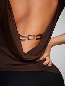 Radiana Seksi Chic Coffee Brown Summer Backless Sleeveless Top For Women,Metal Chain Decor Open Back Knit Top,Elegant Fitted Club Night Party Shirt - Brown - View 4