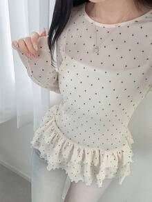 FRIFUL 女士波点荷叶边下摆休闲百搭日常长袖上衣 - 白色 - 查看 3
