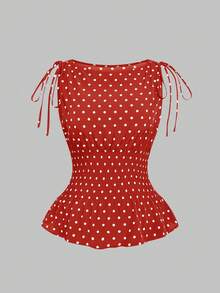 Sweetra Blusa casual versátil de uso diario con lunares y detalle de nudo para mujer de talla grande - Rojo - Ver 5