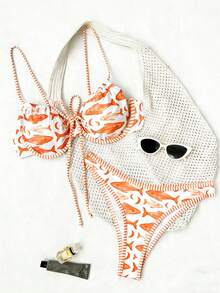 Swim Mod Cute Girl's Beach Outfit, Fish Print, Plaid Strap With Trim Design, Drawstring Bow Accent, Backless Elegant Bikini Two Pieces Set For Daily Beach Party, Casual Vacation - Multicolor - View 5