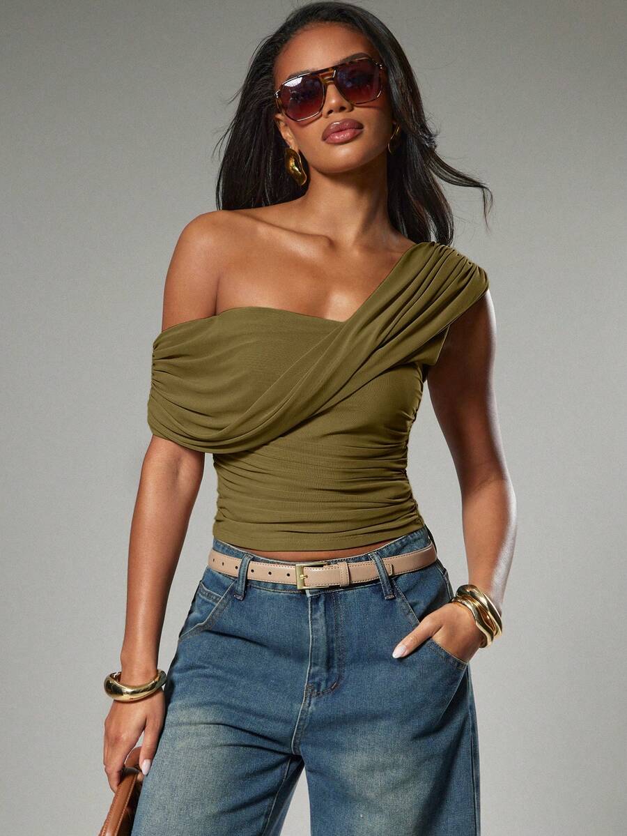 Hauture Blusa casual y sexy de unicolor con un hombro asimétrico y drapeado para mujer - Verde militar - Ver 1