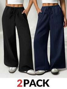 SHEIN PETITE Pantalones de mujer de color albaricoque, negro y multicolor. Conjunto de dos piezas que combina fácilmente para múltiples ocasiones, casual y cómodo para todo uso - Multicolor - Ver 10