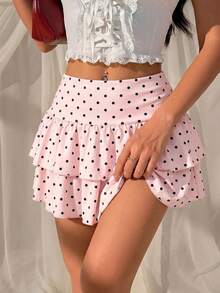 SHEIN EZwear 波点荷叶边高腰时尚夏季女裙 - 粉色 - 查看 6