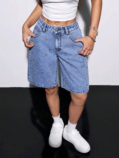 SHEIN PETITE Women's Rhinestone Decor Pocket Loose Bermuda Denim Shorts