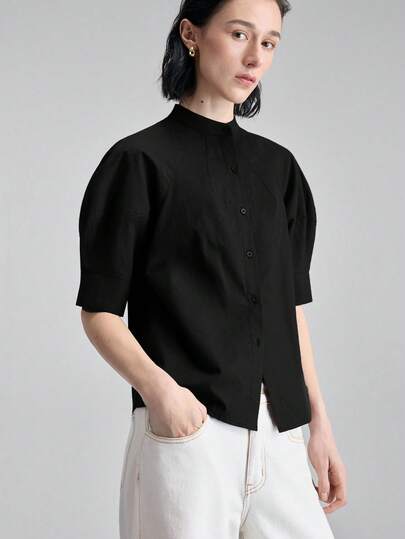 Ontre 2026春夏新款女士梭织衬衫，泡泡袖设计，宽松版型，棕色，适合情人节、婚礼季、节日装扮、独立日、都市时尚、通勤简约风。