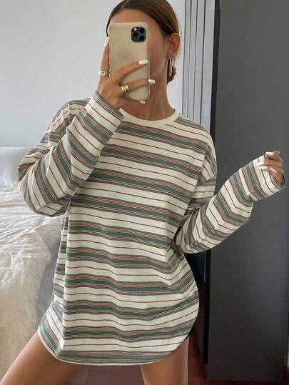 Livesso Striped Loose Fit Long Sleeve Round Neck T-Shirt For Women