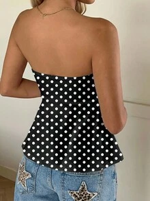 CovetEZ 女士波点印花抹胸上衣，适合夏季穿着 - 黑色 - 查看 2
