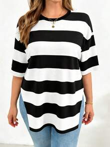 Shapeblank 加大码条纹印花圆领短袖T恤，侧开衩，女士条纹T恤，女士宽松T恤，女士宽松上衣，女士休闲上衣，女士短袖上衣，宽松上衣，女士宽松T恤，女士夏季上衣，女士上衣，衬衫，T恤，女士宽松上衣，女士宽松T恤，女士精品上衣，女士宽松上衣，女士最新款上衣，新品上市 - 彩色 - 查看 4