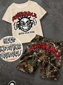 SHEIN 2pcs/Set Boys' Casual Letter Print T-Shirt And Camo Cargo Pants Set - Multicolor - View 2