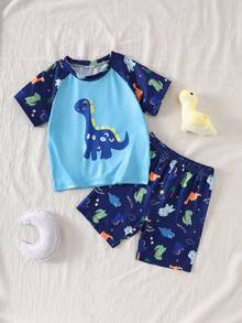 2-Piece Baby Boys Pajamas Set,Navy And White Cartoon Dinosaur Print Summer Shorts & Raglan Short Sleeve Loungewear,Soft Knit Cute Nightwear For Work - Blue - View 3