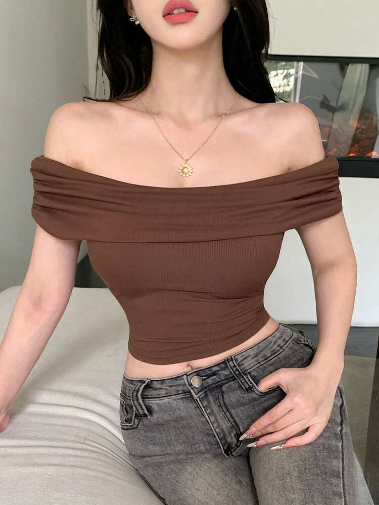 Brown Fitted Cropped Off Shoulder Camisole Top, Fashionable For Music Festivals, Summer & Spring