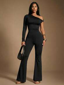 Radiana Women's Elegant Asymmetric Cold-Shoulder Jumpsuit,Skinny Fit Stretchy Knit Flared Leg Jumpsuit For Winter Night Out,Casual Business Black Gold - Black - View 4