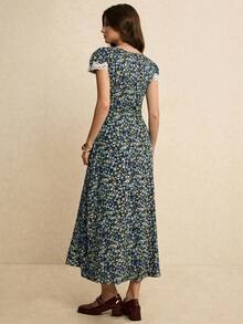 Poéselle Đầm hoa nhí thanh lịch dáng dài ngang gối dành cho nữ, thích hợp cho mùa hè. - Màu xanh lam - Xem 2