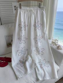 Comfortcana White Autumn Casual Eleganza Loungewear Women Plus Size Crinkle Textured Loose Drawstring Tie Waist Wide Leg Pants Vacation - White - View 4