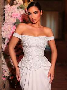 Glamrae 优雅奢华魅力露肩串珠手工贴花宫廷风美人鱼尾拖尾礼服，适合约会、婚礼、红毯、所有婚礼相关场合，女士新年婚纱 - 白色 - 查看 6