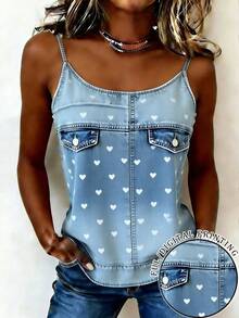 EMERY ROSE New Arrival Heart & Denim Print Slim Fit Cropped Camisole For Women - Blue - View 1