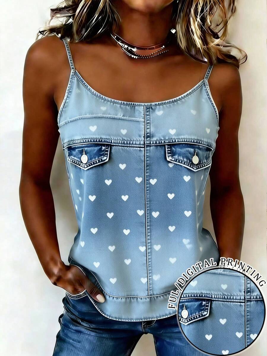EMERY ROSE New Arrival Heart & Denim Print Slim Fit Cropped Camisole For Women - Blue - View 1