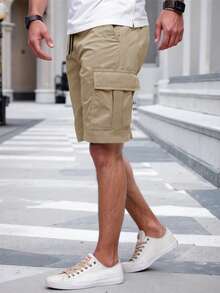 Manfinity Homme Men's Solid Color Elastic Waist Drawstring Pocket Cargo Shorts - Khaki - View 3