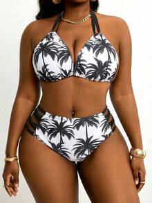 Slaydiva Plus Size Two-Tier Coconut Tree Print Tie-Front Sexy Summer Beach Bikini Set - Black and White - View 5
