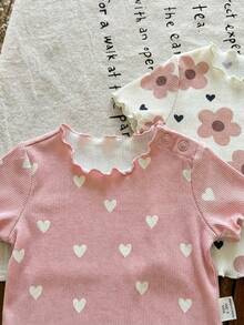 SHEIN LMoss Kids 新生女宝宝四件套休闲碎花荷叶边圆领短袖针织条纹睡衣套装，夏季 - 彩色 - 查看 6