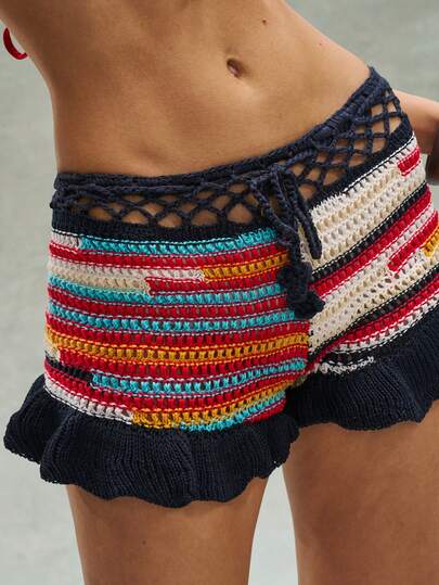 Bohemela Boho Spring/Summer Outfits, Vintage Women's Vacation Beach Bohemia Casual Colorful Striped Crochet Knit Shorts, Casual Vacation, Western Country Style Concert Party Outfits, Suitable For Beach Vacation Outfit & Daily Wear & Back To School & Going Out Outfits & Party Outfits, 2000s Outfits, Y2k Clothes, Summer Holiday Outfits