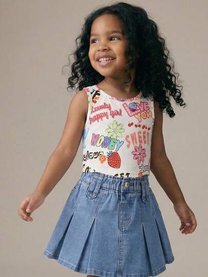 SHEIN Young Girl Letter & Floral Print Tank Top