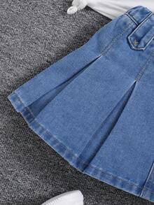 SHEIN Young Girl Fold Pleated Denim Skirt,Spring Summer Boho Cute - Medium Wash - View 6