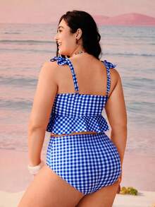 Swim Mod Bộ đồ bơi mùa hè cỡ lớn dành cho nữ, họa tiết kẻ caro, trang trí nơ, gồm áo tankini và quần tam giác. - Xanh và trắng - Xem 2