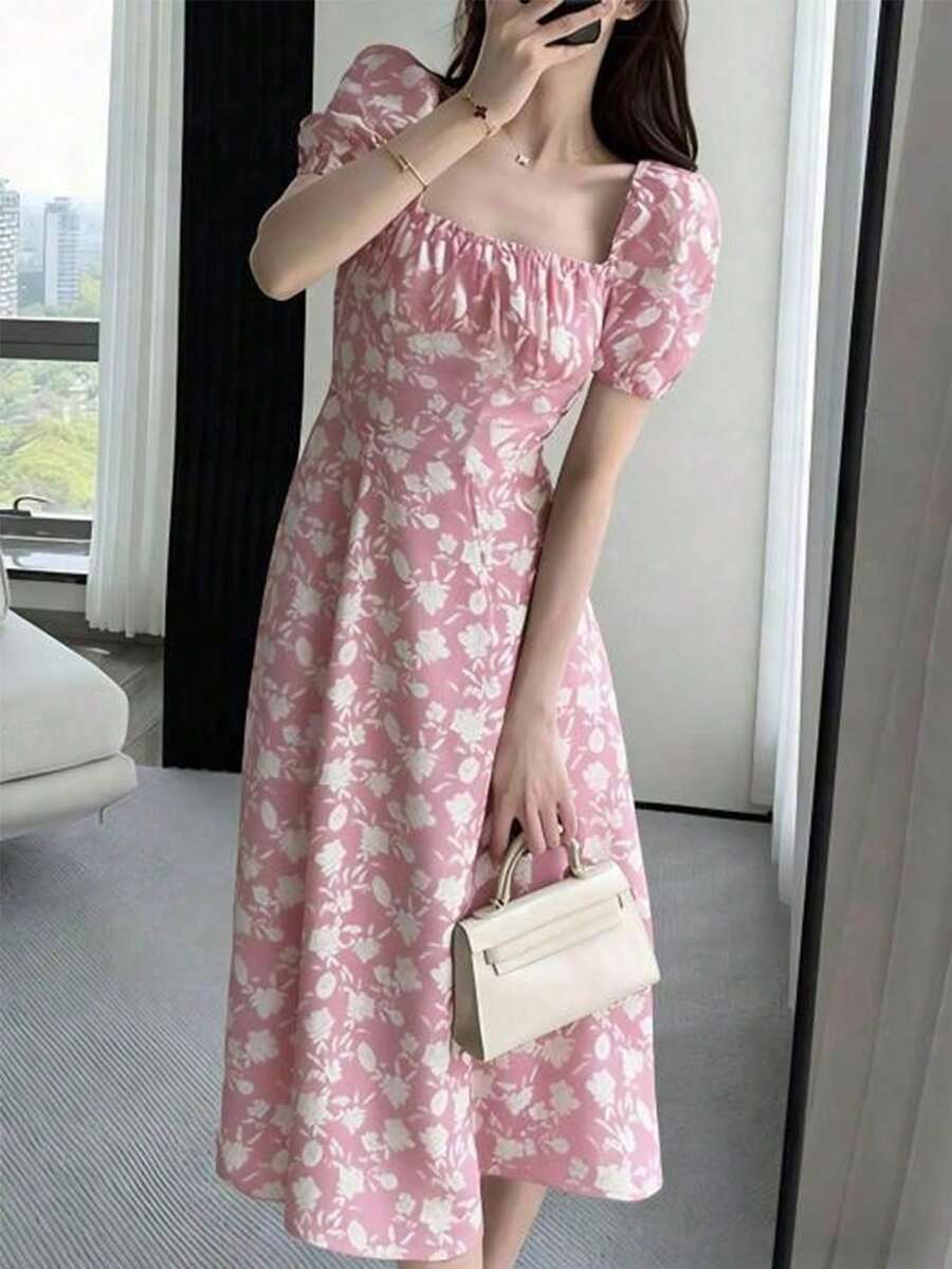 Tideelle 优雅碎花中长连衣裙,适合通勤和夏季穿着 - 淺粉色 - 查看 1
