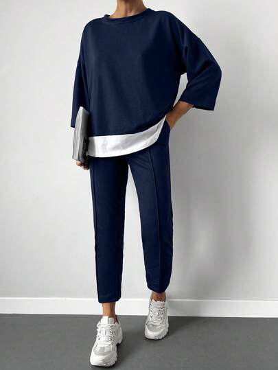 EURMUSE 90% Cotton Drop Shoulder 2 In 1 Tee & Seam Detail Sweatpants