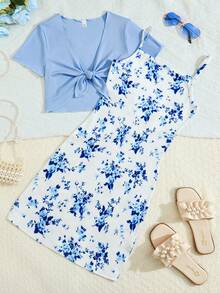 SHEIN Elladie kids Set de 2 piezas de niña preadolescente con top de cárdigan acanalado elegante y vestido con estampado floral digital con lazo en la cintura, conjunto de vestir casual para primavera/verano - Azul - Ver 9