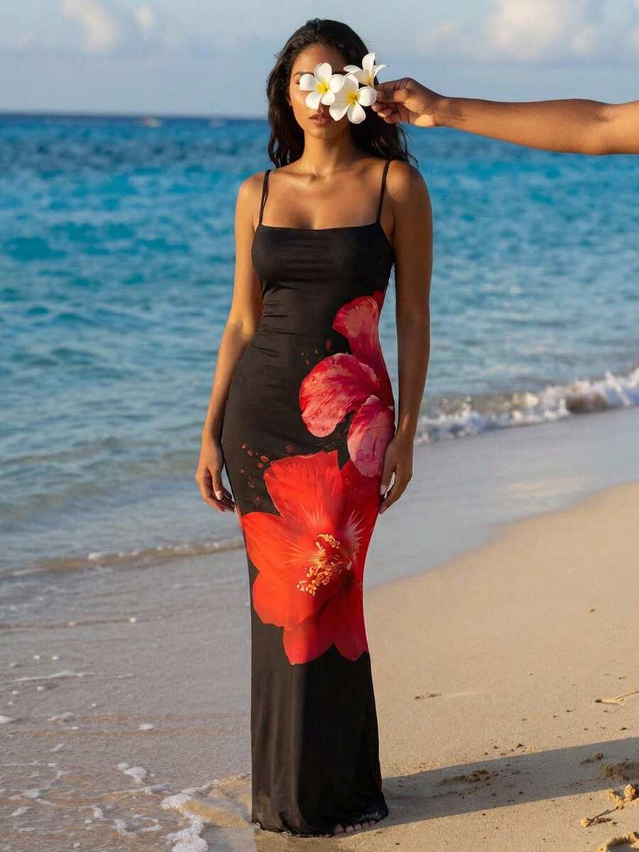 Veykashi 休闲度假风性感黑红芙蓉印花图案加大码女式优雅花卉全印花露背吊带长裙，适合春夏度假穿着 - 白色 - 查看 1