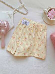 Comfortcana Quần short nữ dáng rộng, cạp chun, họa tiết chữ cái và hoa nhí màu vàng, thích hợp cho mùa xuân/hè. - Màu vàng - Xem 6