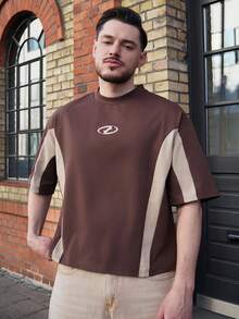 LEOGASHI LEOGASHI Men's Knitted Casual Daily Loose Short Sleeve Patchwork T-Shirt - Brown - View 4