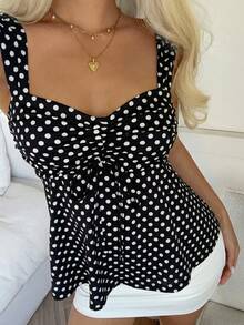 CovetEZ 2026 Spring/Summer New Women's Apparel: Black Polka Dot Cute Casual Versatile Ruffle Drawstring Blouse/Tank Top,Summer Top - Black - View 6