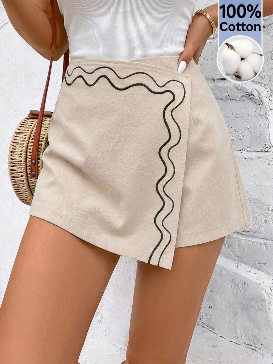 SHEIN Frenchy 女士休闲度假波浪图案刺绣裹身短裤 - 杏色 - 查看 1