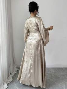 Elenzga Plus Size Elegant V-Neck Waist Cinched A-Line Dress,Asymmetric Sleeve Design,High-End Cocktail Party,Wedding, Al-Adha,Gold,Winter,Modest,Graduation - Gold - View 2