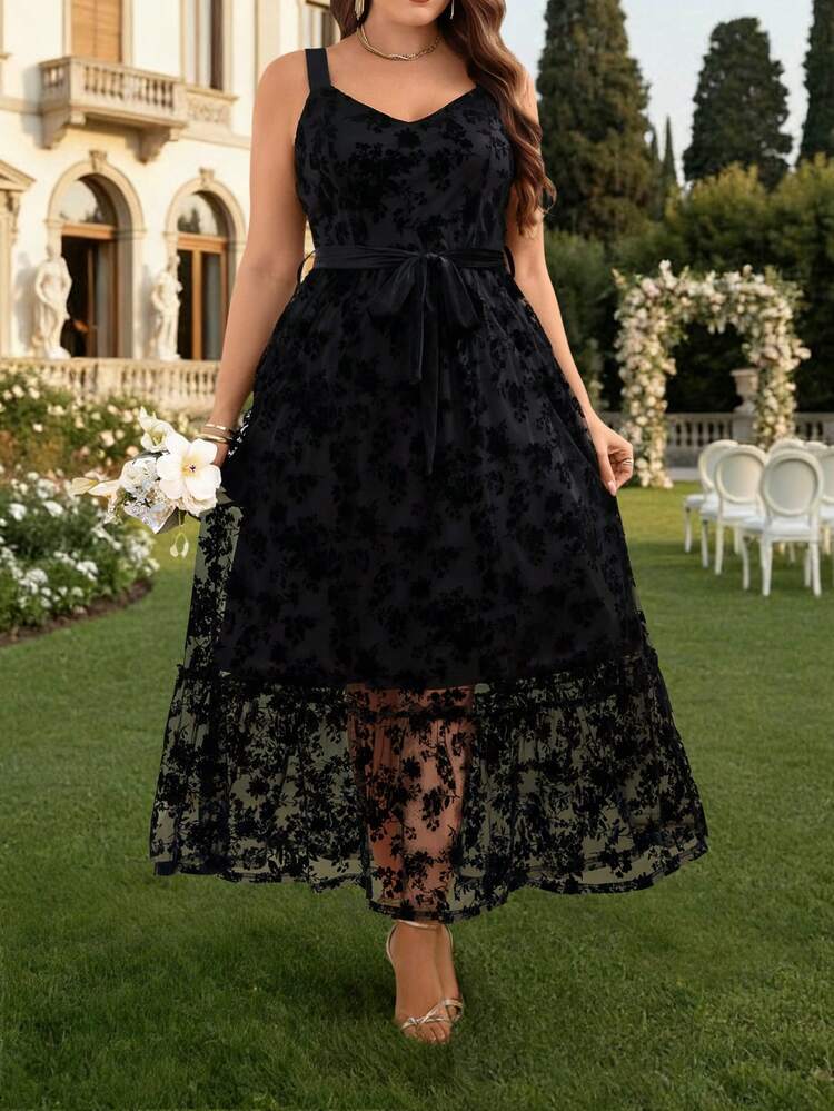 Plus Size Women Floral Mesh Elegant Spaghetti Strap Dress