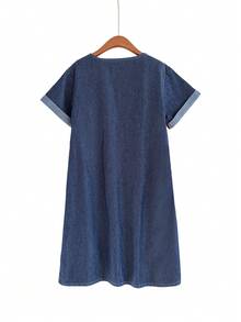 Rusticease Plus Size Floral Embroidered Round Neck Short Sleeve Denim Dress - Blue - View 2
