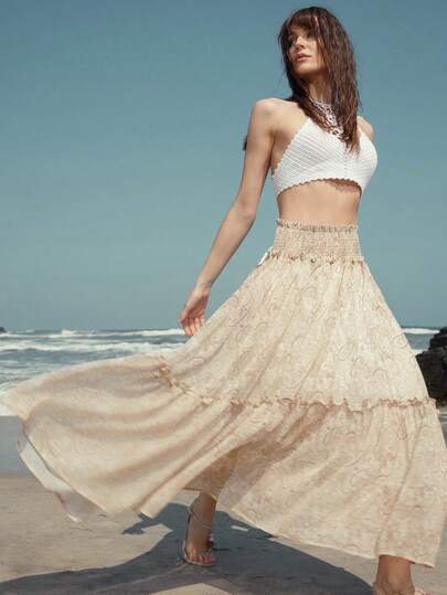 Aveloria Modichic Vintage Palace Style Bohemian Chiffon Paisley Print High Waist A-Line Skirt With Multilayer Ruffle Hem, Elastic Waistband, Suitable For Daily, Date, Vacation And Other Occasions