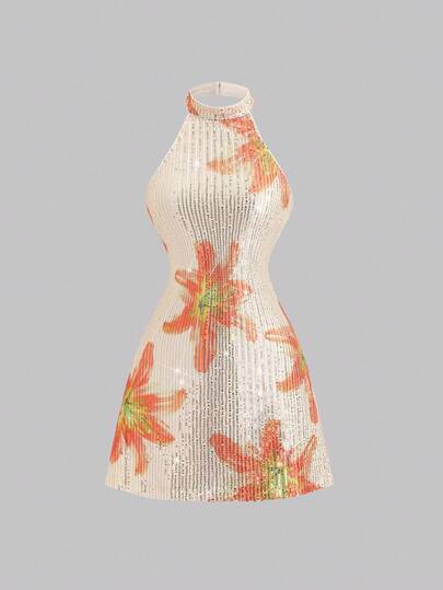 Sweetra 优雅串珠露背设计休闲短款A字收腰时尚派对连衣裙，适合女性