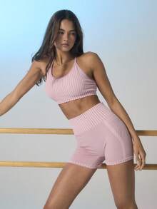SHEIN Aralina-E 罗纹无缝露背吊带短款上衣高腰塑形运动套装女夏季服装健身骑行短裤 - 粉色 - 查看 8