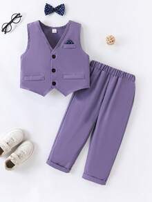 SHEIN Boys 3 Piece Formal Fall Suit Set, Toddler To Teen Dress Outfit With Vest, Shirt & Bow Tie, Gentleman Kids Wear For Prom Wedding Graduation Birthday Party - Dusty Purple - View 7