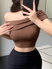 Top de tirantes finos y espalda descubierta de corte ceñido y corto en color marrón, adecuado para verano y primavera en estilo Y2K - Marrón 5 - Ver 5